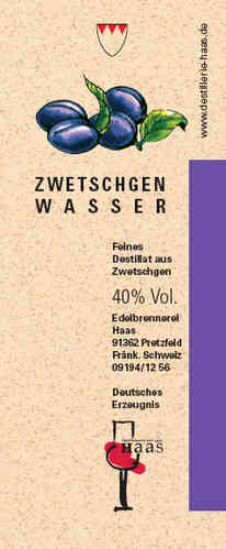 Zwetschgenwasser, 40% Vol., 0,5l Flasche, Haas