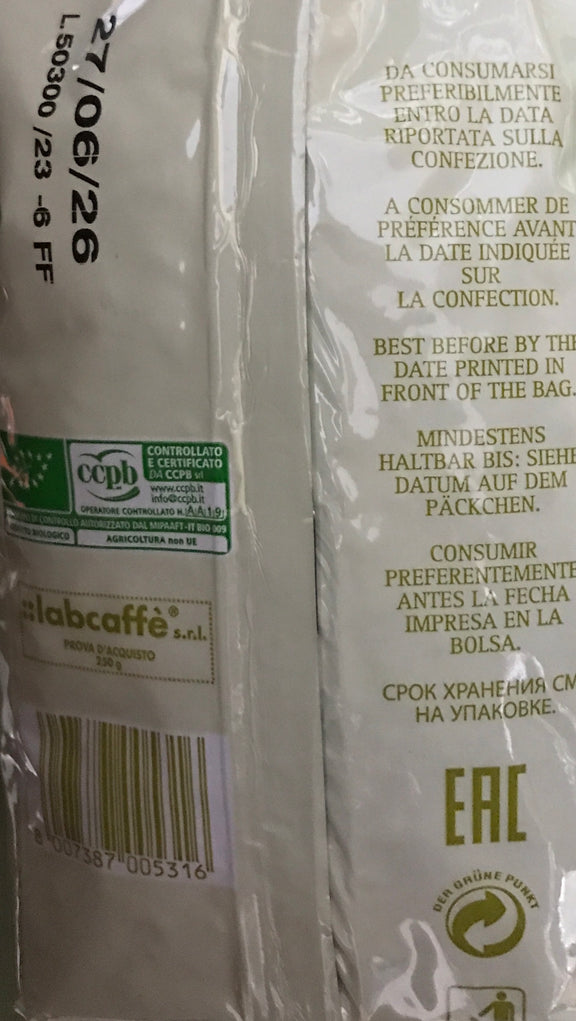 BIO Espresso Caffe ganze Bohnen 250g Packung 100% Arabica labcaffè