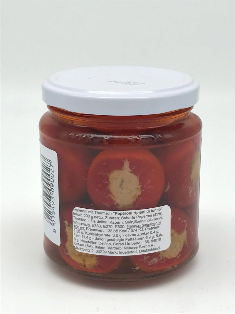 Peperoncini ripieni di tonno, Peperoni gefüllt mit Thunfisch, 314 ml Glas Delfino Battista Srl
