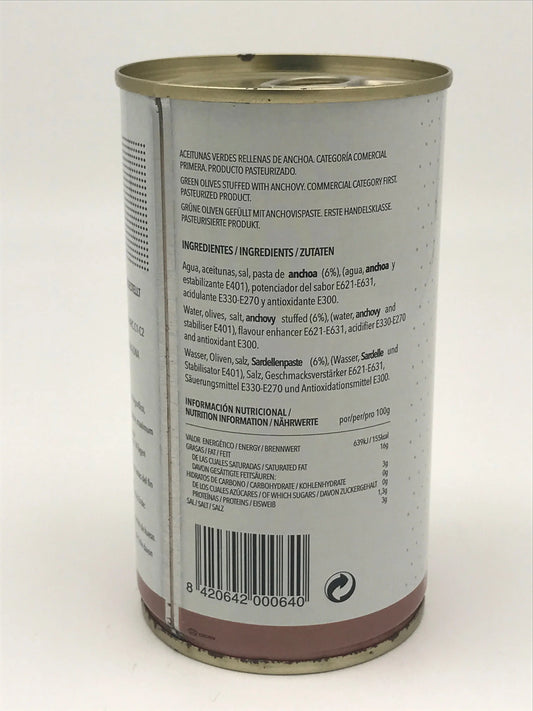 Manzanilla-Oliven gefüllt m. Anchovis, 350g netto Dose / 150g Abtropfgew. Olives la Masrojana