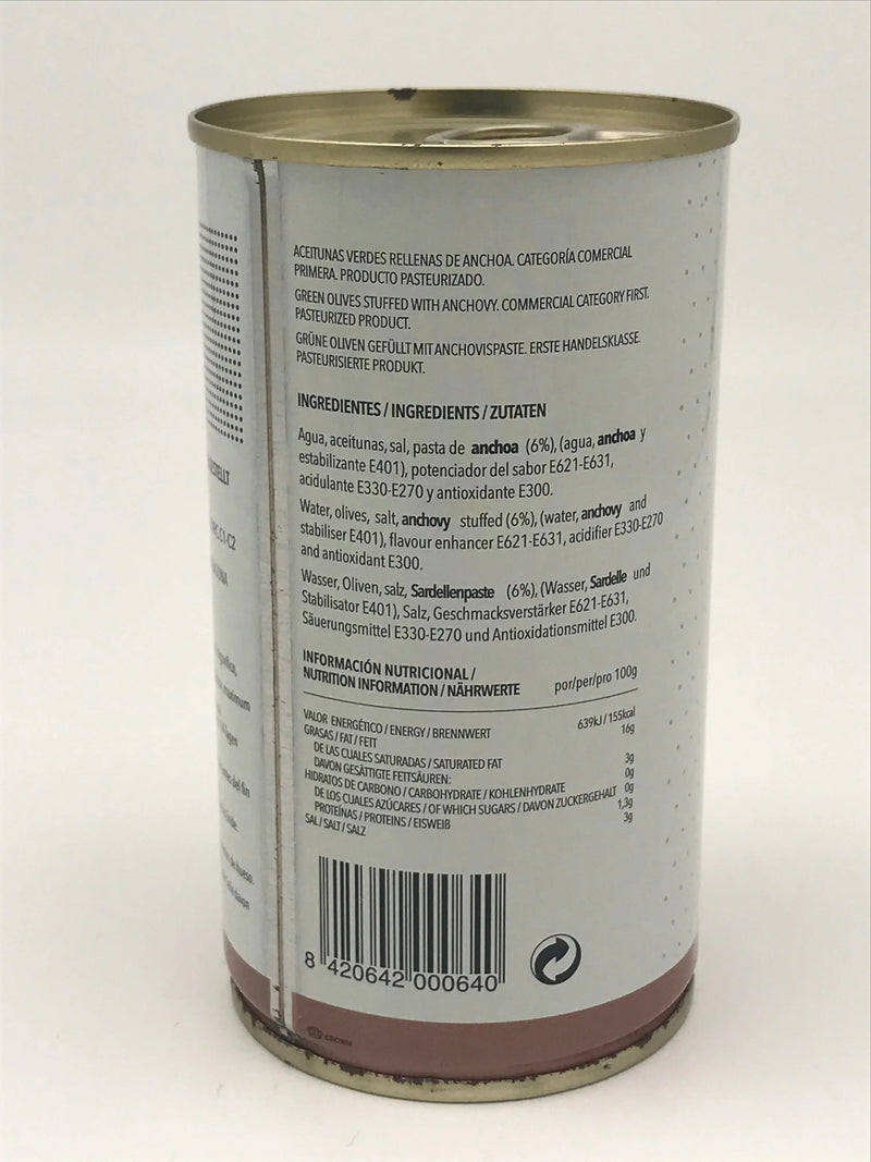 Manzanilla-Oliven gefüllt m. Anchovis, 350g netto Dose / 150g Abtropfgew. Olives la Masrojana