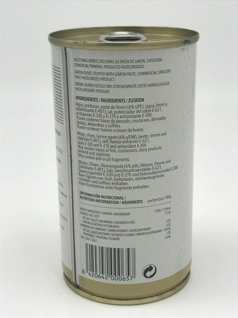 Manzanilla-Oliven gefüllt m. Zitrone, 350g netto Dose / 150g Abtropfgew. Olives la Masrojana