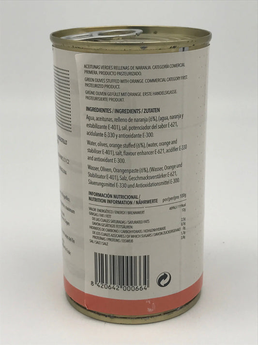 Manzanilla-Oliven gefüllt m. Orange, 350g netto Dose / 150g Abtropfgew. Olives la Masrojana
