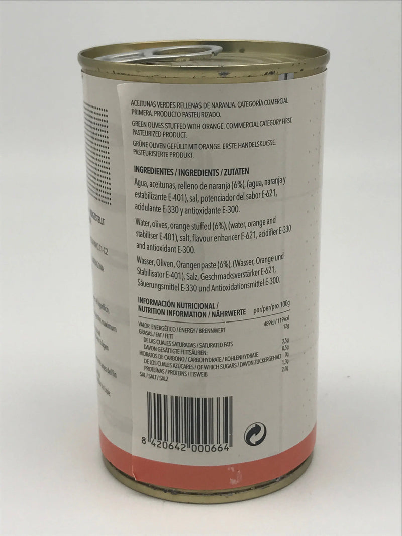 Manzanilla-Oliven gefüllt m. Orange, 350g netto Dose / 150g Abtropfgew. Olives la Masrojana