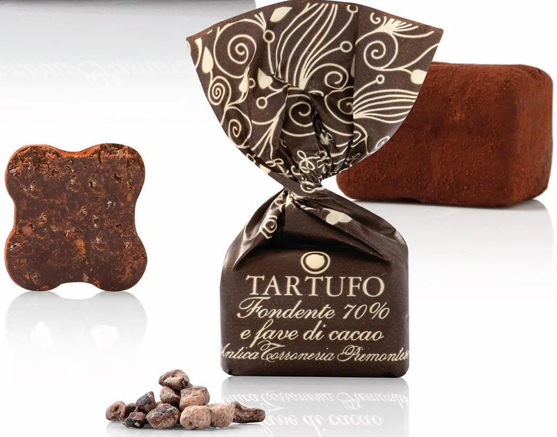 Tartufo Fondente 70% e Fave di Cacao, mit dunkler Schokolade 70% und Kakaobohnen, 14 g einzeln verpackt Antica Torroneria Piemontese