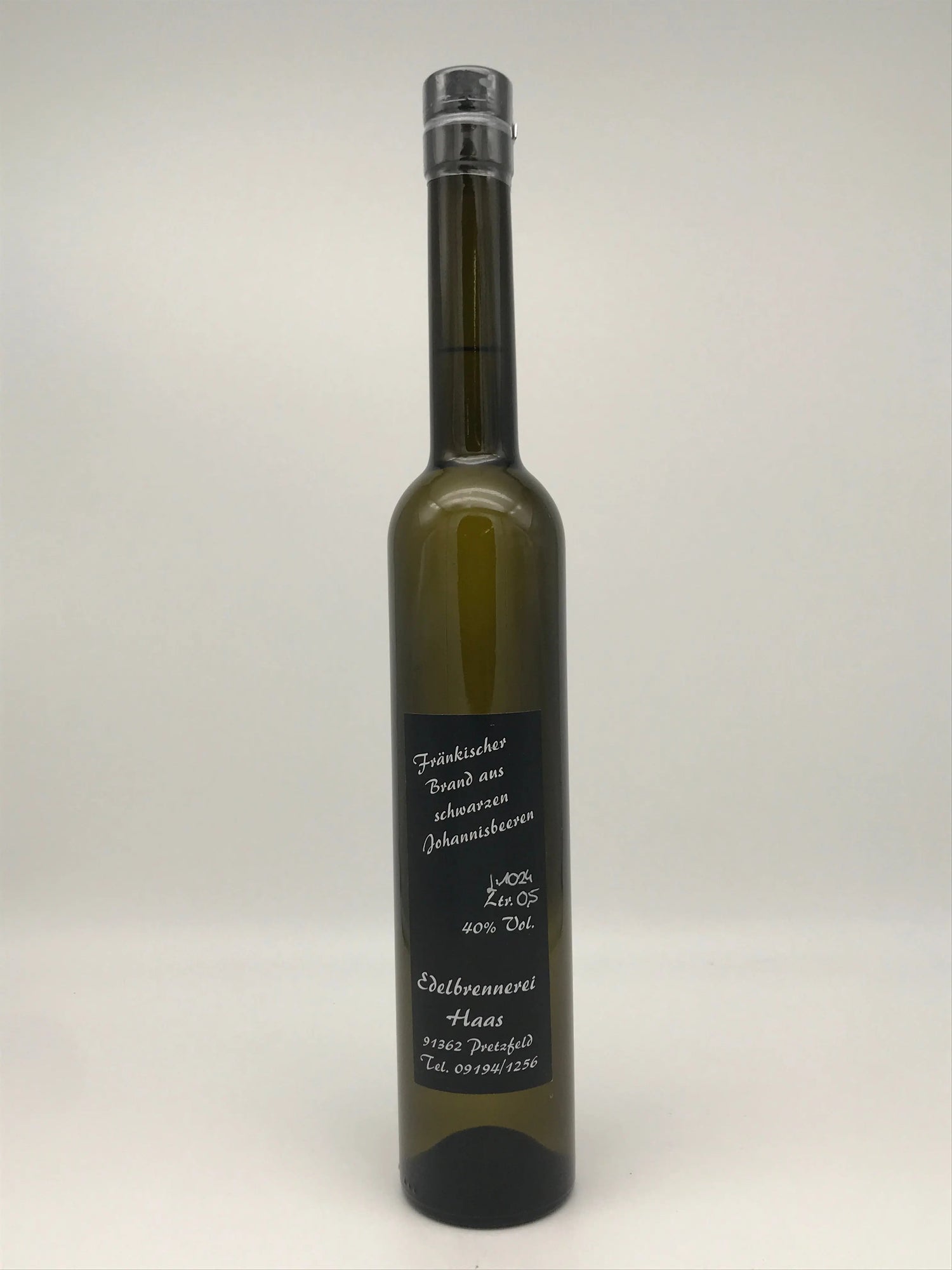 Schwarzer Johannisbeerbrand 40 % Vol., 0,5 l Flasche Edelbrennerei Haas, Pretzfeld