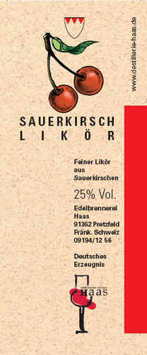 Sauerkirschlikör 25 % Vol. – 0,5 l Flasche Edelbrennerei Haas, Pretzfeld